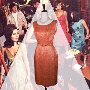 1960s Cocktail Dress Size S/M Metallic Jacquard Peach Gold Belted Hourglass Twee